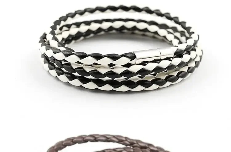 Mens Leather Multilayer Bracelet - Handmade Black White Bangles for Women Stylish Jewelry Gift - Buzzastore