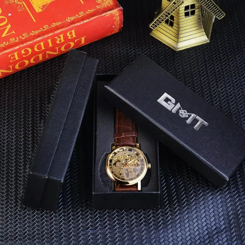 T-Winner Mechanical Wristwatch with Brown Leather Strap - Elegant Timepiece for Men - Buzzastore