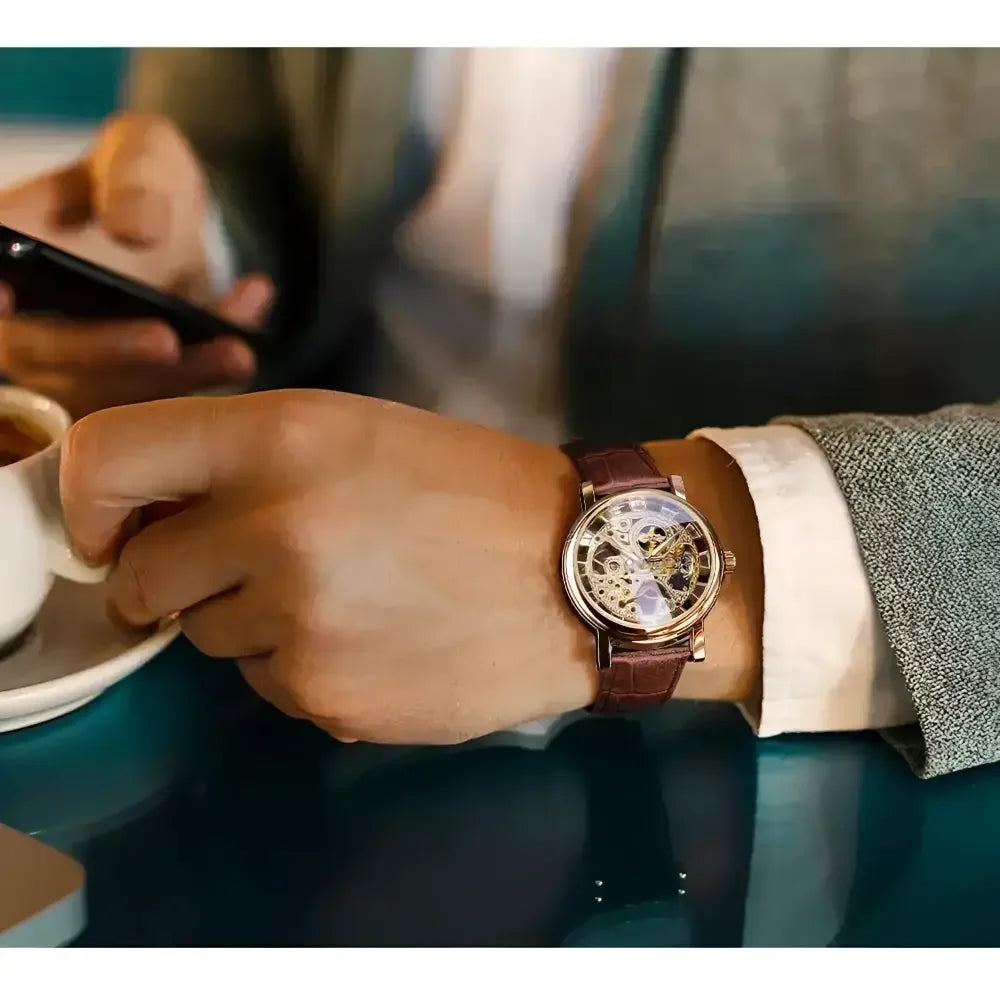T-Winner Mechanical Wristwatch with Brown Leather Strap - Elegant Timepiece for Men - Buzzastore