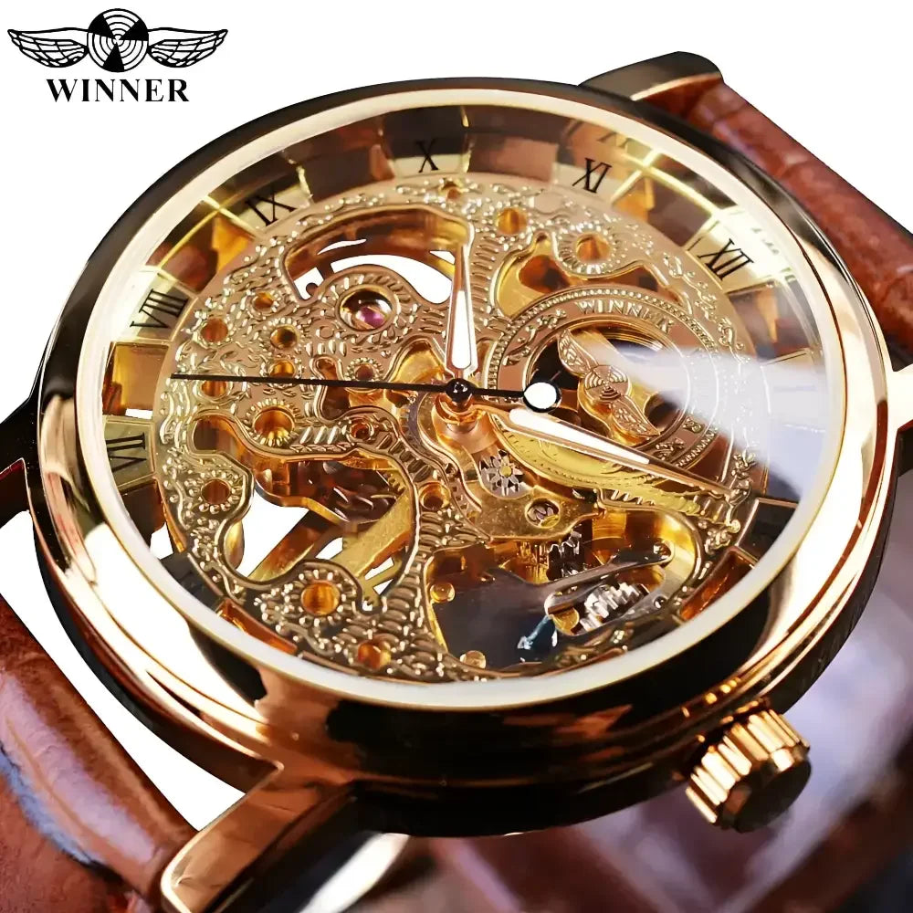 T-Winner Mechanical Wristwatch with Brown Leather Strap - Elegant Timepiece for Men - Buzzastore