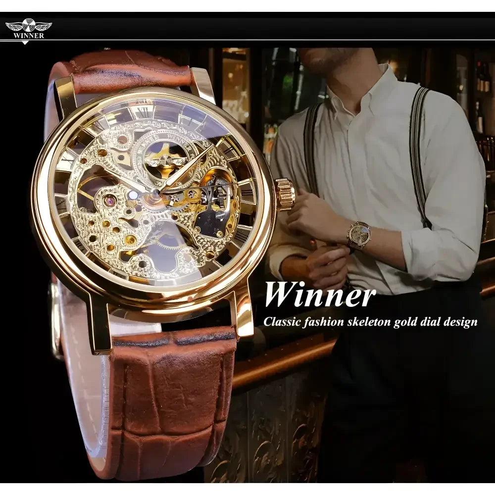 T-Winner Mechanical Wristwatch with Brown Leather Strap - Elegant Timepiece for Men - Buzzastore