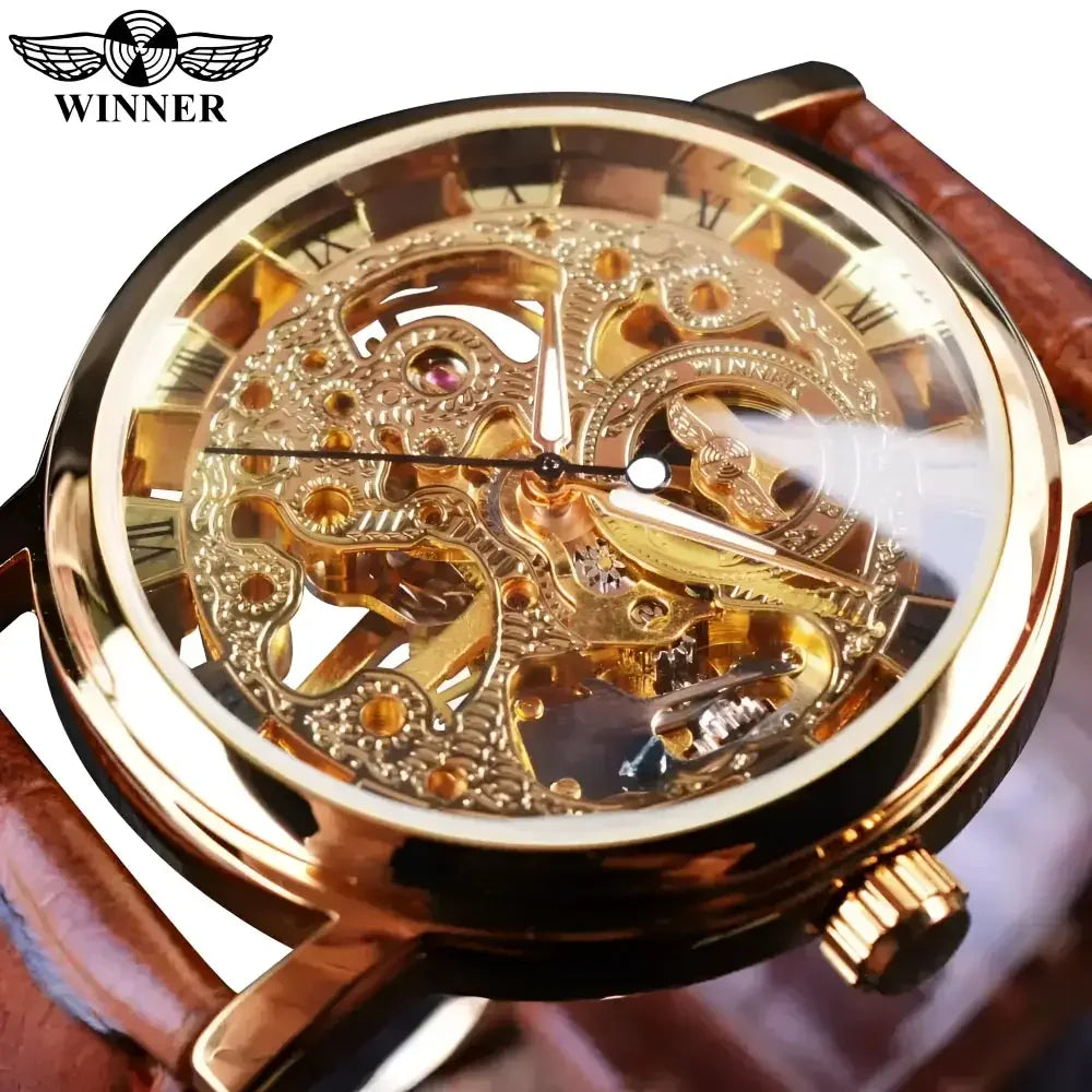 T-Winner Mechanical Wristwatch with Brown Leather Strap - Elegant Timepiece for Men - Buzzastore