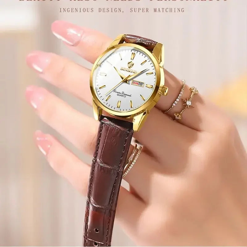 Luxury Waterproof Couples Watch for Men and Women - Quartz Calendar Timepiece with Leather Strap - Buzzastore