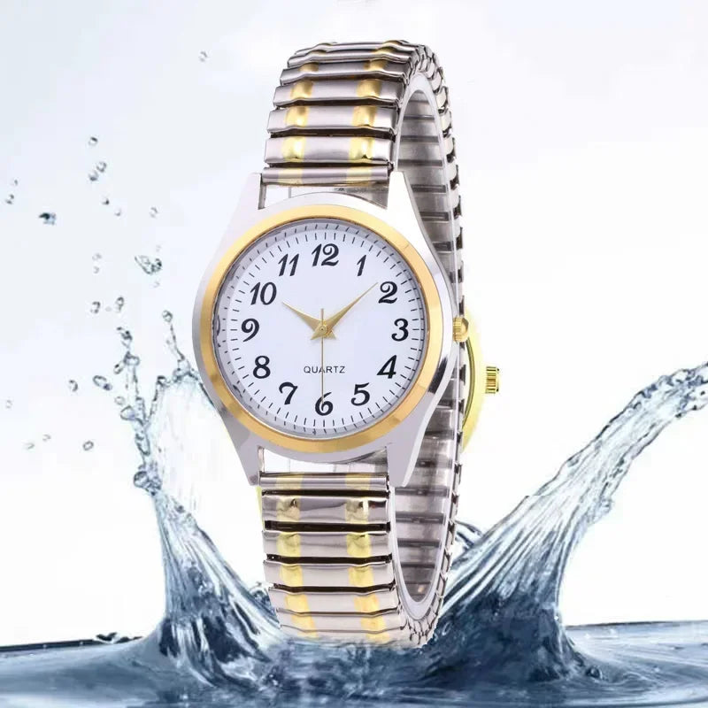 Stainless Steel Couple Wrist Watches with Alloy Band - Business Quartz Movement Elastic Strap - Buzzastore