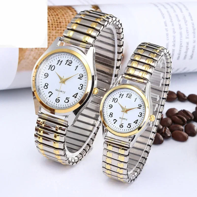 Stainless Steel Couple Wrist Watches with Alloy Band - Business Quartz Movement Elastic Strap - Buzzastore