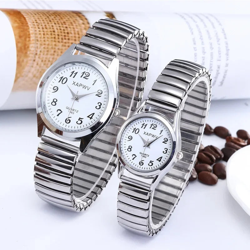 Stainless Steel Couple Wrist Watches with Alloy Band - Business Quartz Movement Elastic Strap - Buzzastore