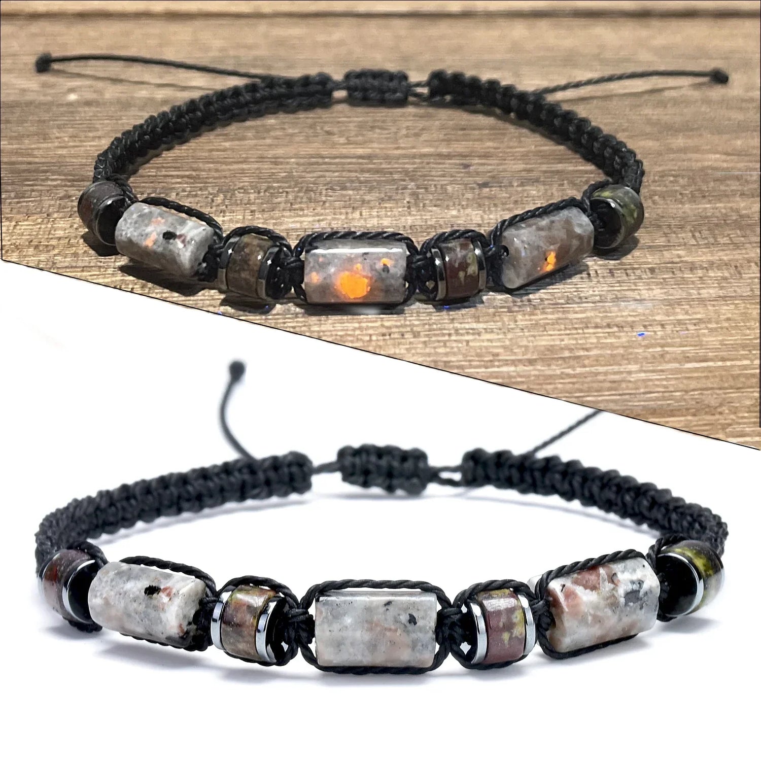 Mens Braided Beach Bracelet with Yooperlite Bloodstone Beads - UV Reactive Crystal Jewelry Gift - Buzzastore