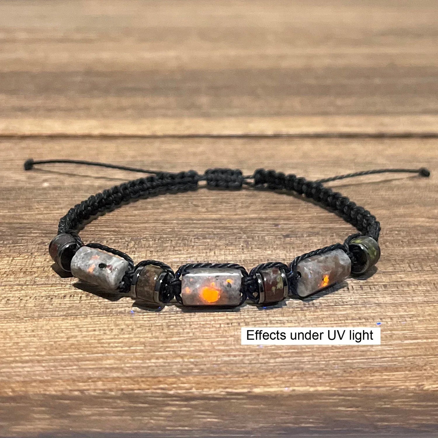 Mens Braided Beach Bracelet with Yooperlite Bloodstone Beads - UV Reactive Crystal Jewelry Gift - Buzzastore