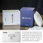 Casio Edifice watch packaging showcasing accessories for silver chronograph watches