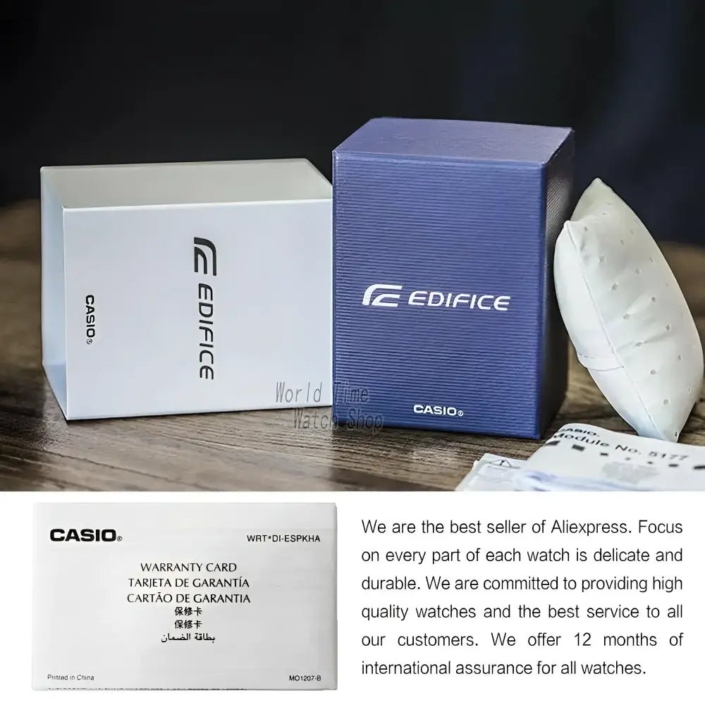 Casio Edifice watch packaging showcasing accessories for silver chronograph watches