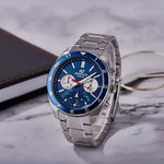 Silver and blue Casio Edifice watch showcasing a stylish chronograph for business jewelry