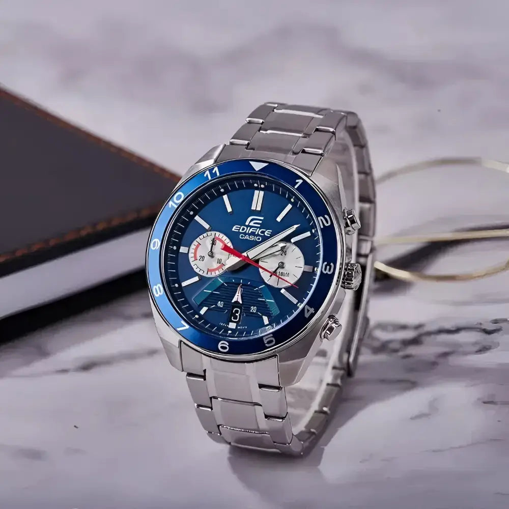 Silver and blue Casio Edifice watch showcasing a stylish chronograph for business jewelry