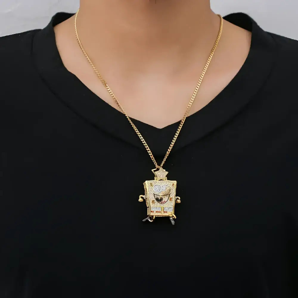 Gold SpongeBob pendant necklace.