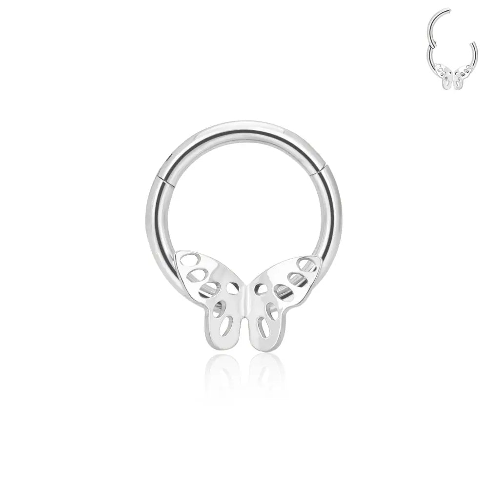 Silver butterfly septum ring.