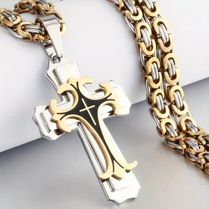 Two-Tone Cross Stainless Steel Pendant Necklace