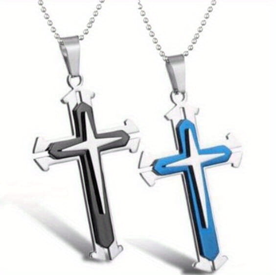 Blue Silver Cross Pendant Necklace Zinc Alloy Accessories