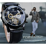 Black Forsining automatic watch with black leather strap showcasing elegant design