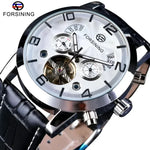 Silver-tone automatic Forsining watch with black leather strap for elegant timekeeping
