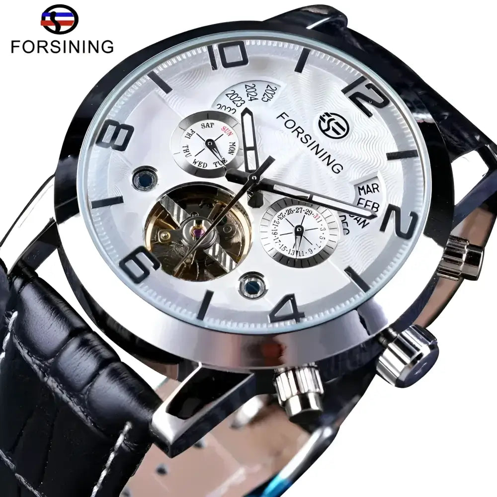 Silver-tone automatic Forsining watch with black leather strap for elegant timekeeping