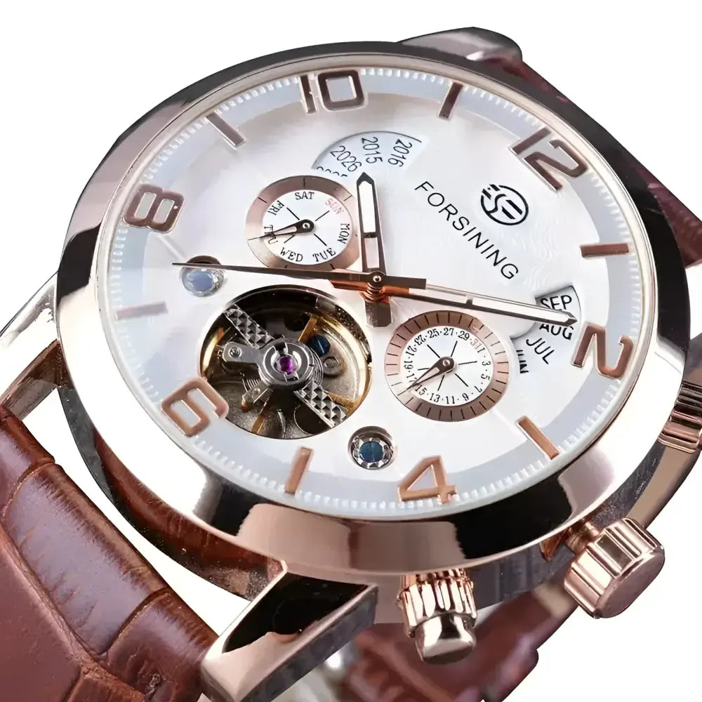FORSINING black leather automatic watch featuring a brown leather band for men and women