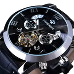 FORSINING Black Leather Automatic Watch featuring a black and silver watch dial