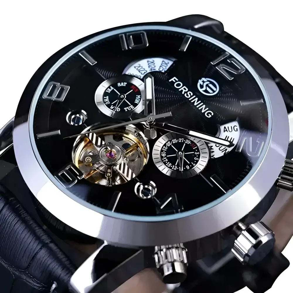 FORSINING Black Leather Automatic Watch featuring a black and silver watch dial
