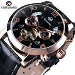 FORSINING black leather automatic watch with black and rose gold wrist design