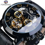 FORSINING Black Leather Automatic Watch with black and gold mechanical design