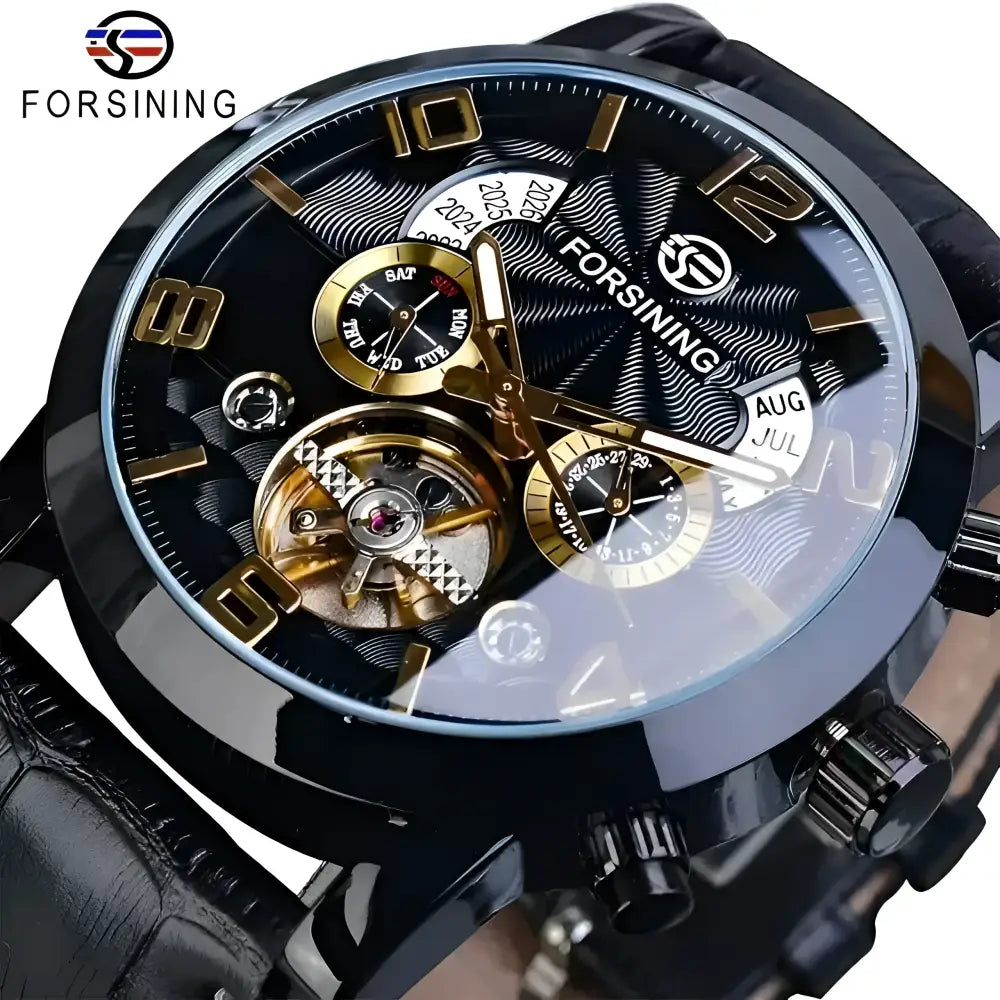 FORSINING Black Leather Automatic Watch with black and gold mechanical design