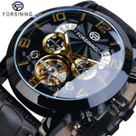 Black and gold Forsining mechanical watch with leather strap, luxurious automatic watch