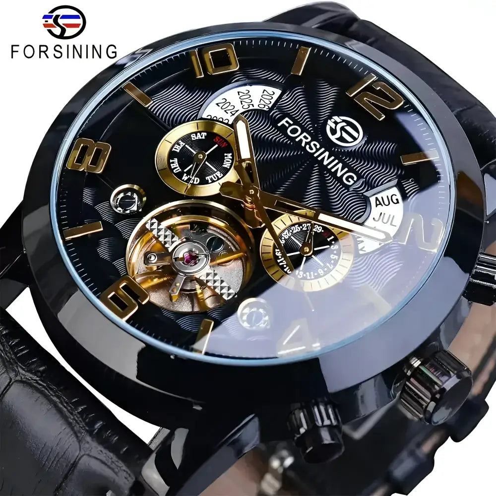 Black and gold Forsining mechanical watch with leather strap, luxurious automatic watch