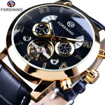 Gold-tone automatic wristwatch from Forsining with black leather strap, stylish watch