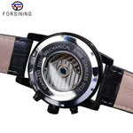 FORSINING Black Leather Automatic Watch with exposed mechanical movement showcasing craftsmanship