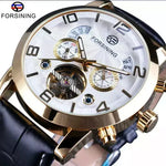 Gold-tone Forsining automatic watch with complications displayed on black leather strap
