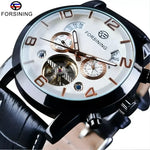 Black and white Forsining automatic watch showcasing elegant craftsmanship
