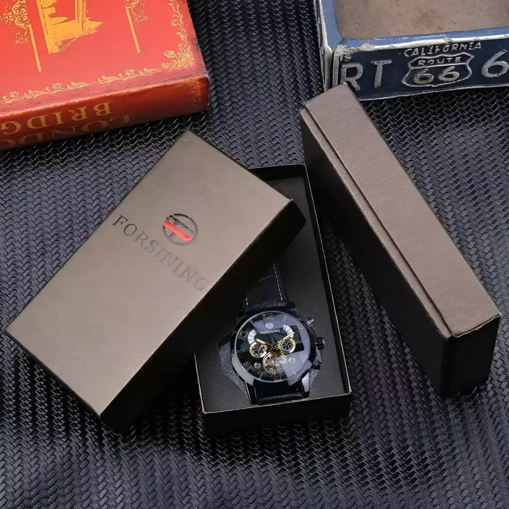 Black automatic wristwatch in box from Forsining, premium watch collection