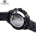 Black stainless steel automatic wristwatch with visible movement from FORSINING watches collection