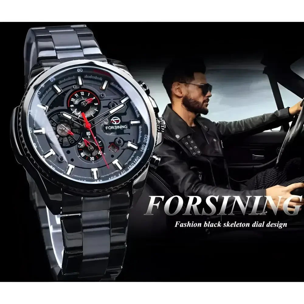 Black skeleton dial watch from FORSINING Stainless Steel Mechanical Wristwatches, a stylish accessory