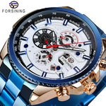 Blue and gold stainless steel mechanical wristwatch from FORSINING, a premium watch accessory