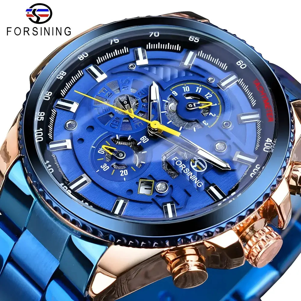Blue and gold stainless steel mechanical wristwatch from FORSINING jewelry collection