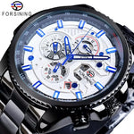 Black and white stainless steel mechanical wristwatch with blue accents, stylish jewelry