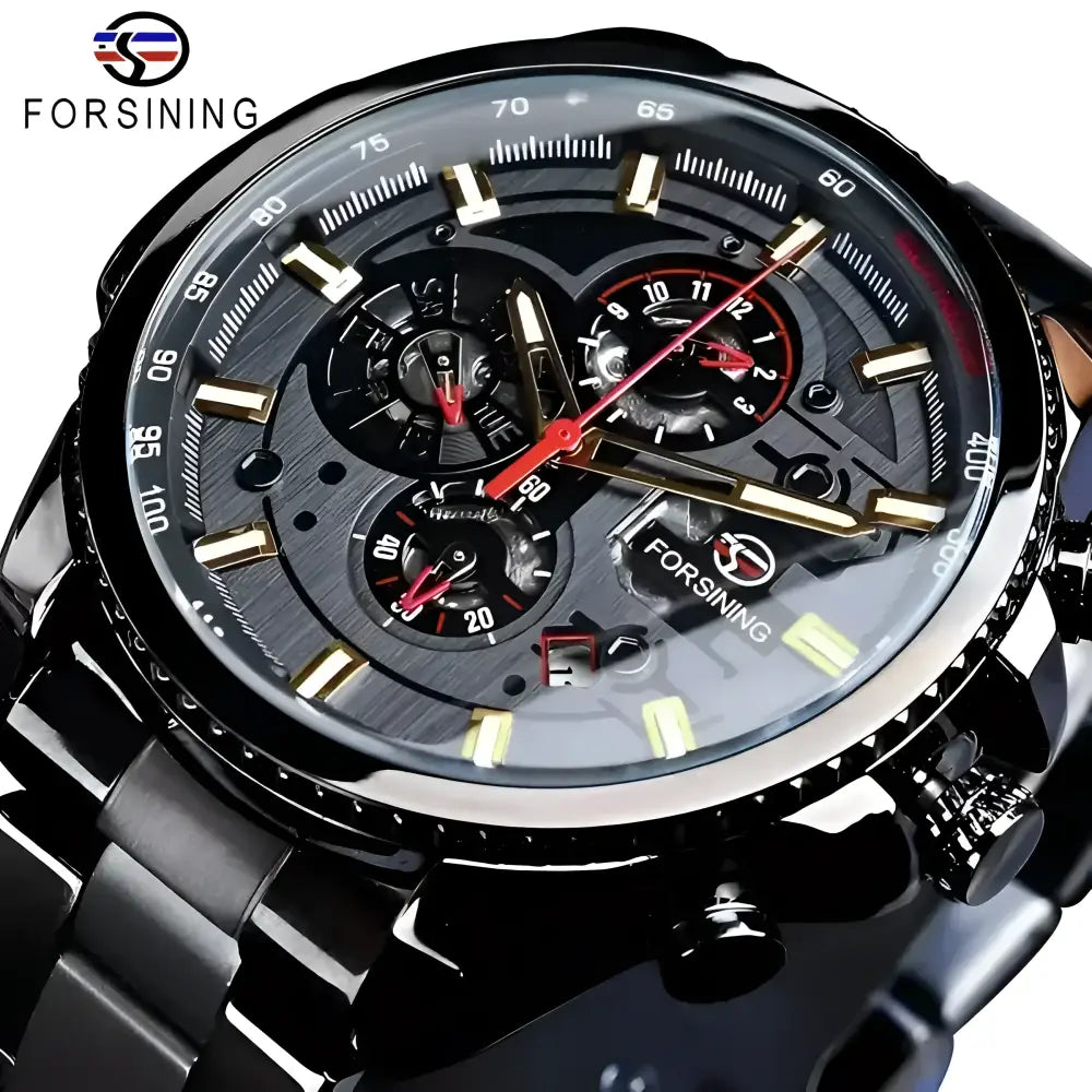 Black mechanical wristwatch with stainless steel case, a stylish accessory from FORSINING Watches
