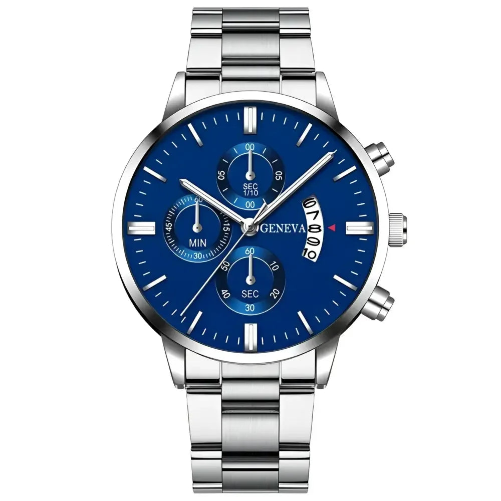 Geneva Blue Stainless Steel Watch for Men - Elegant Silver Design - Buzzastore