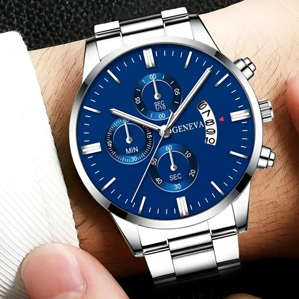 Silver stainless steel Geneva wristwatch featuring a blue face and silver band for elegant style