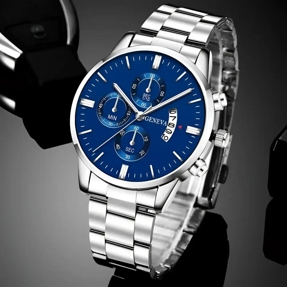 Silver-banded blue-faced wristwatch with stainless steel and silver stainless steel finish
