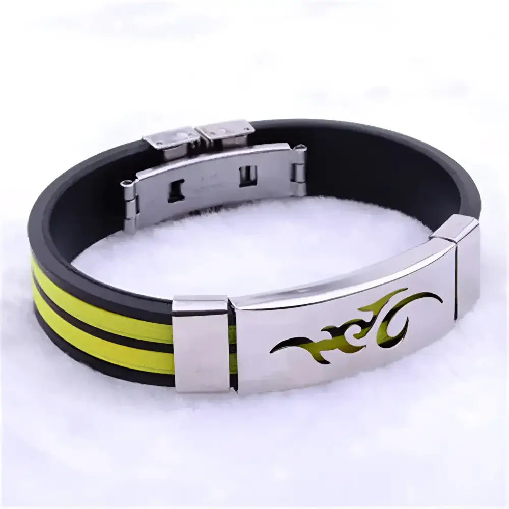 Black and yellow rubber bracelet with a silver clasp and tribal design.