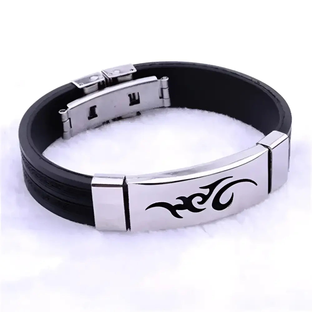 Black rubber bracelet with silver tribal design.