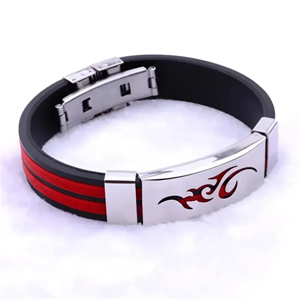 Black and red rubber bracelet with a silver clasp and tribal design.
