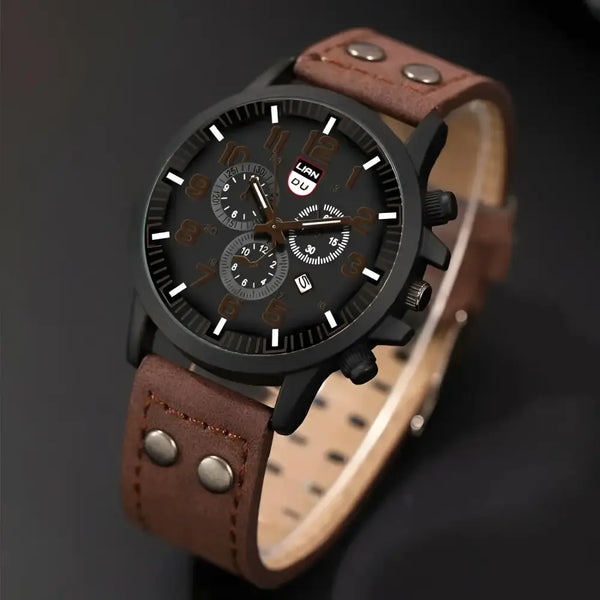 Brown leather band watch displayed on Mens Black Chronograph Casual Leather Watch product