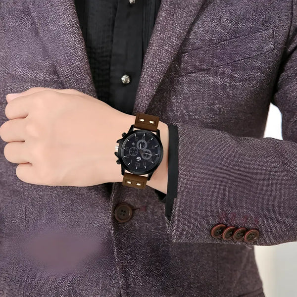 Men’s black chronograph casual leather watch with brown leather strap for men casual leather style